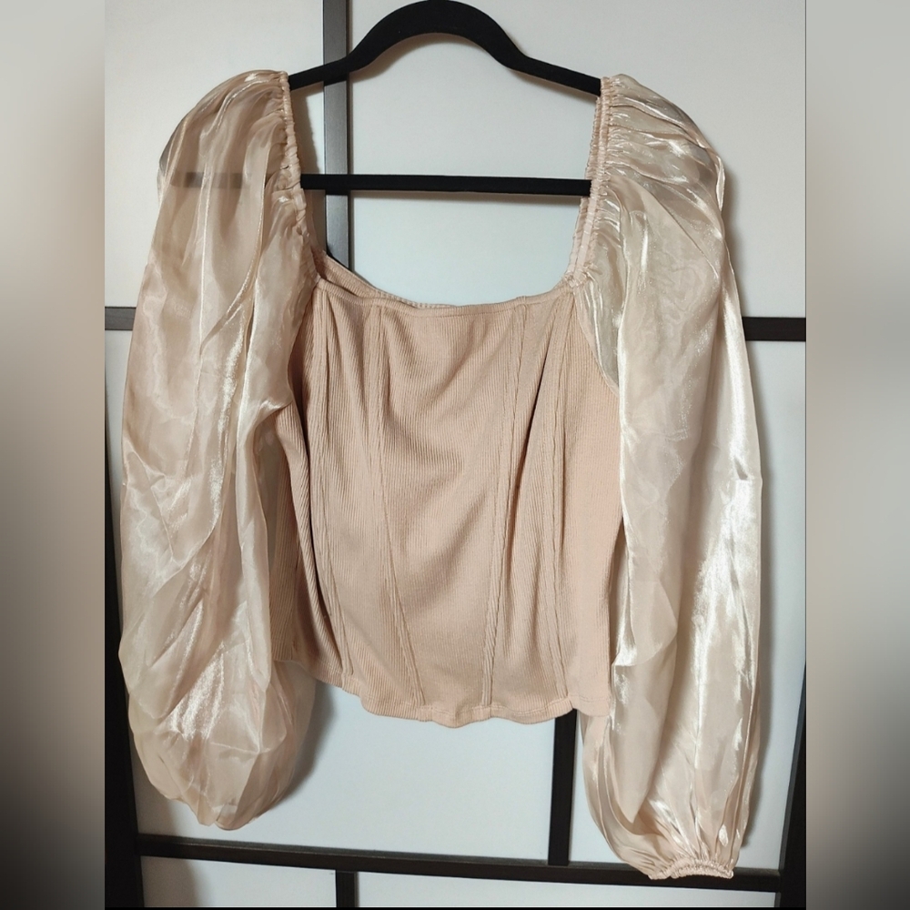Elegant Cream Women's Top with Sheer Sleeves